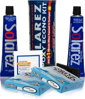 SOLAREZ EPOXY Econo Gift KIT   Sticky Bumps WAX! ~ UV Cure Epoxy Surfboard, SUP, Wakeboard Repair w/ Epoxy Fiberfill Putty   Microlite Epoxy Putty   2 Grit Sand Pads   Acetone Prep-Pad   Cool/Cold WAX