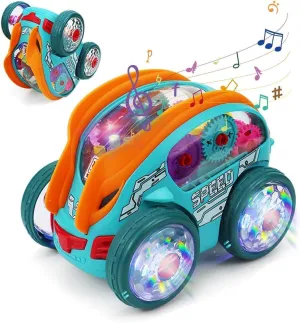 Speedlite Dynamic Gear-Powered Car with Led Lights, Bump and Go Toy Cars with Colorful Moving Gears, Transparent Luminous Toy Car Suitable for Children Aged 2