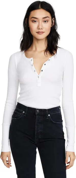 Splendid Women's Long Sleeve Thermal Henley Shirt | Cozy Pima Cotton Blend | White | Small