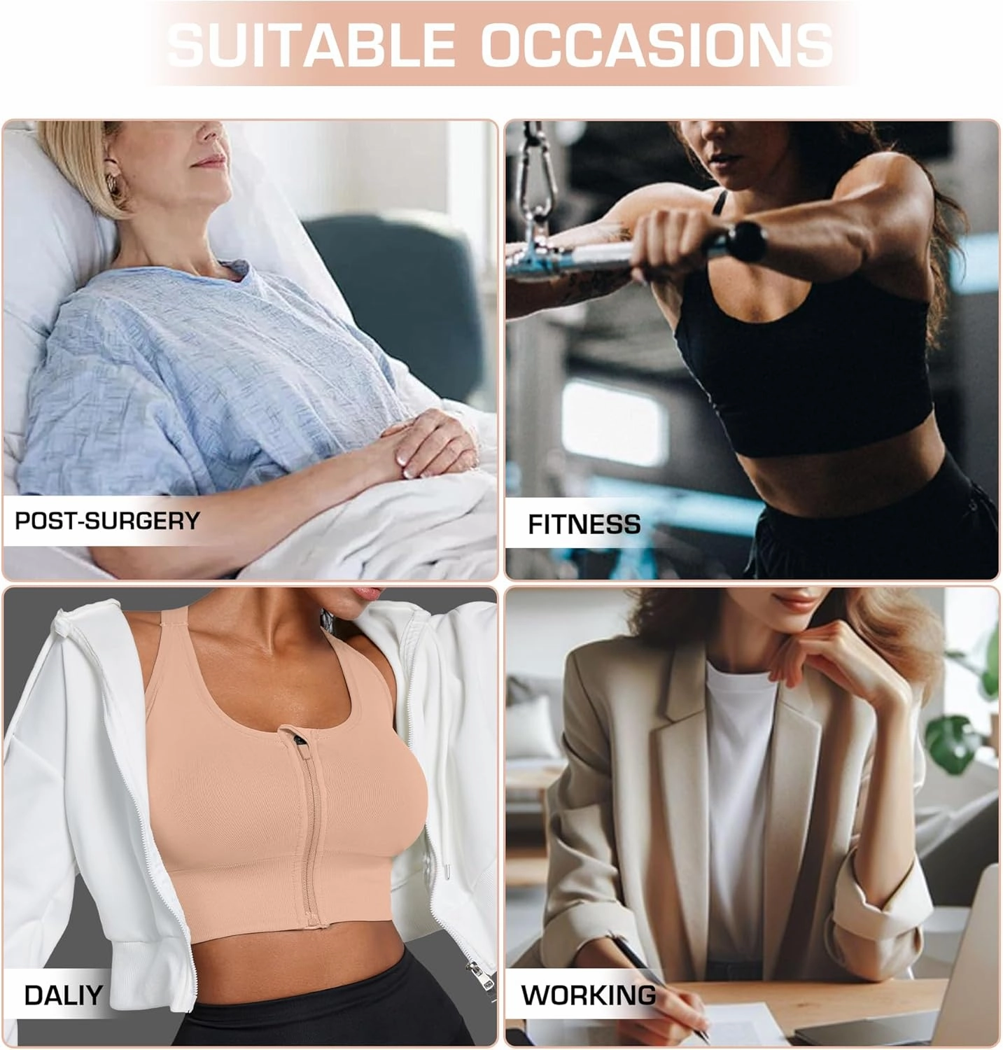 Sports Bras for Women Pack - Womens Front Closure Cross Back Low Impact Workout Post Surgery Bra Multipack