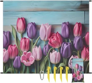 Spring Tulips Beach Blanket, Sandproof Beach Mat, 68 x 59 Waterproof Quick Drying Sand Free Mat with 4 x Ground Spikes for Outdoor Travel Camping Hiking, Colorful Tulip Wood