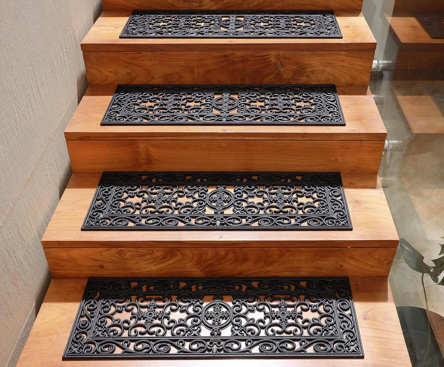 Stair Treads Staircase Step Mats - 4 Pack Sturdy Non Slip Outdoor Indoor Skid Resistant Heavy Duty Commercial Grade Rubber Stair Traction Tread Mats - Pool Balcony Yard Drainage Mat - 10x30