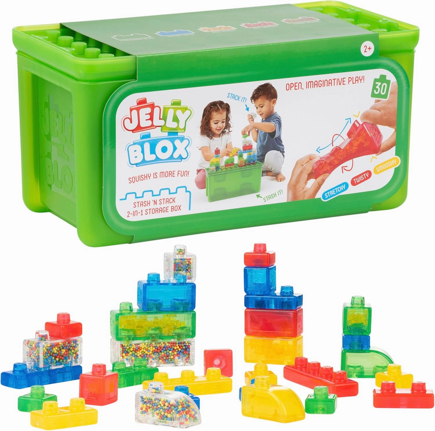 Stash 'N Stack 2-in-1 Storage Case Including 30 Blocks | Toddler & Preschool Building Blocks Kids Can Squeeze & Stretch | Safety Tested & Ouch-Free | Tactile, Sensory Play Toy for Ages 2 