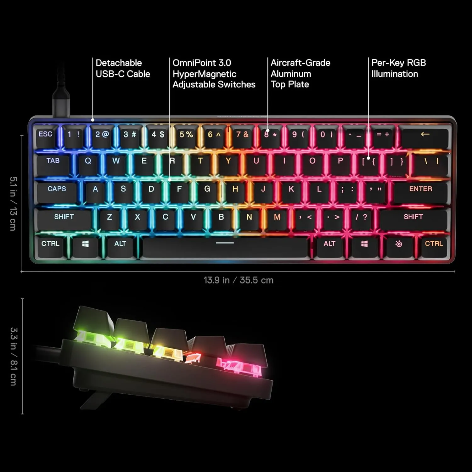 SteelSeries Apex Pro Mini Gen 3 OmniPoint 3.0 HyperMagnetic Switches — Adjustable Actuation — Rapid Trigger — Game-Ready Presets — Protection Mode — Rapid Tap/SOCD — RGB — PBT Keycaps — USB-C