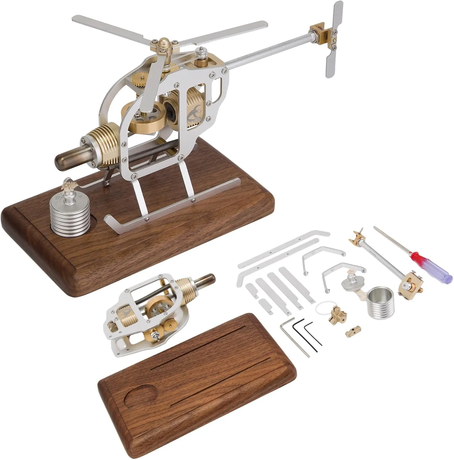 Stirling Engine Model Plane Stirling Functional Mechanical Helicopter Engine DIY Assembly STEM Model Gift for Aircraft Enthusiasts and Engine Lovers (KIT Version)