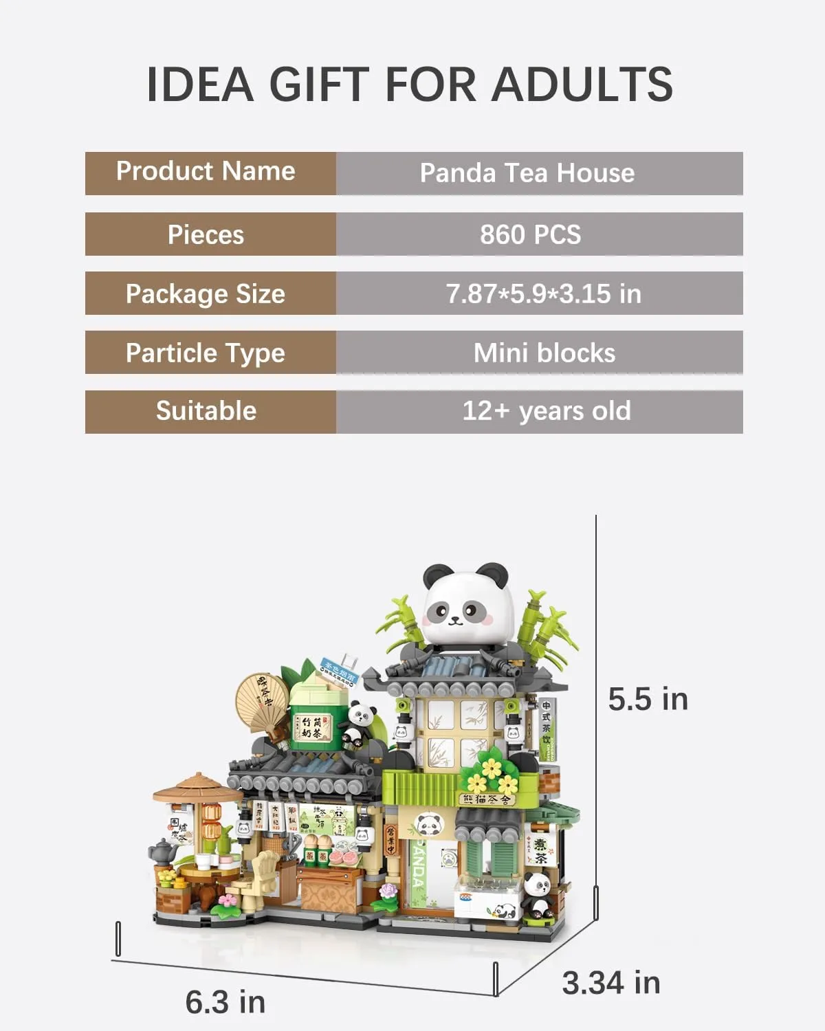 Street View Tea Shop Building Blocks Set, Creative Panda Animal Theme House, Mini Blocks Simulation Architecture Construction Toy, Unique Gift for Adults (1383)