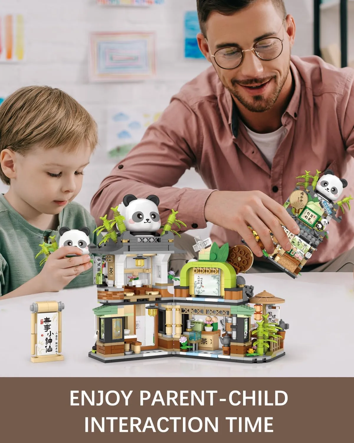 Street View Tea Shop Building Blocks Set, Creative Panda Animal Theme House, Mini Blocks Simulation Architecture Construction Toy, Unique Gift for Adults (1383)