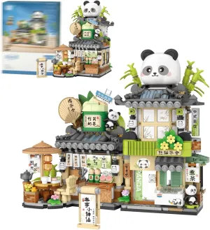 Street View Tea Shop Building Blocks Set, Creative Panda Animal Theme House, Mini Blocks Simulation Architecture Construction Toy, Unique Gift for Adults (1383)