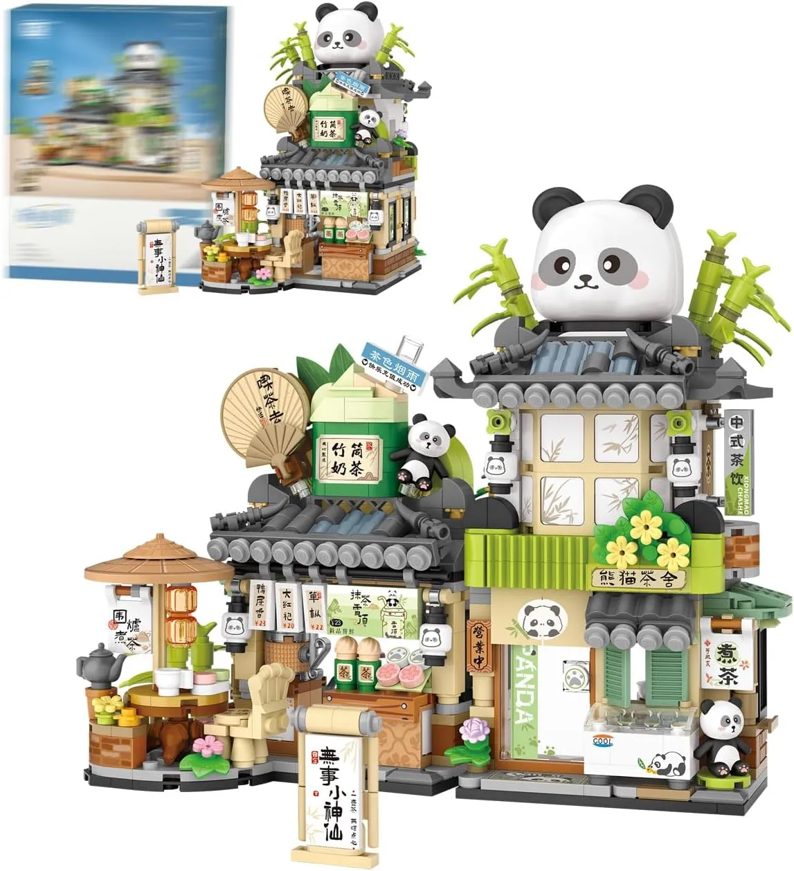 Street View Tea Shop Building Blocks Set, Creative Panda Animal Theme House, Mini Blocks Simulation Architecture Construction Toy, Unique Gift for Adults (1383)