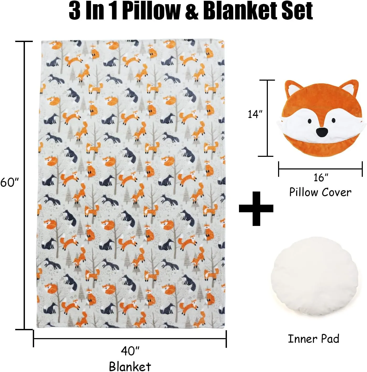 Stuffed Animal Travel Pillow and Blanket Set,Fox Pillow with Hand Warmer for Gift Travel Airplane Train Bed Office Nap