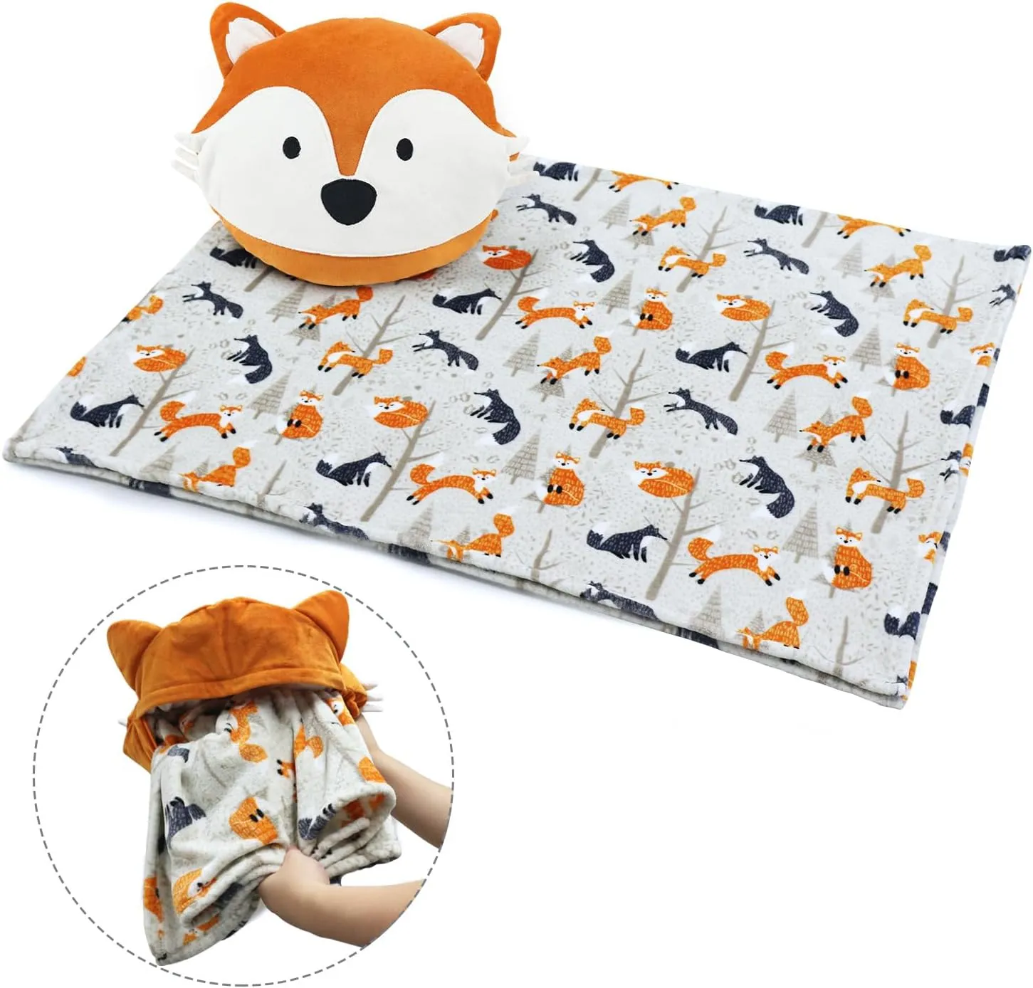 Stuffed Animal Travel Pillow and Blanket Set,Fox Pillow with Hand Warmer for Gift Travel Airplane Train Bed Office Nap