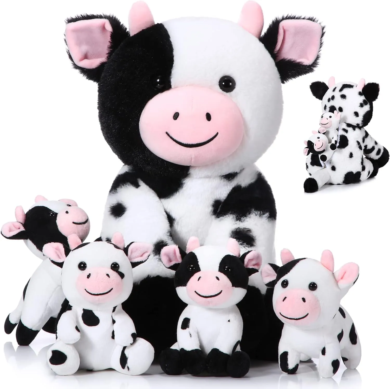 Sumind 5 Pcs Cow Plush Animals Set Mommy Cow Stuffed Animal with 4 Baby Cute Calf in Her Tummy Mommy and Baby Small Plush for Boys Girls(Cute)