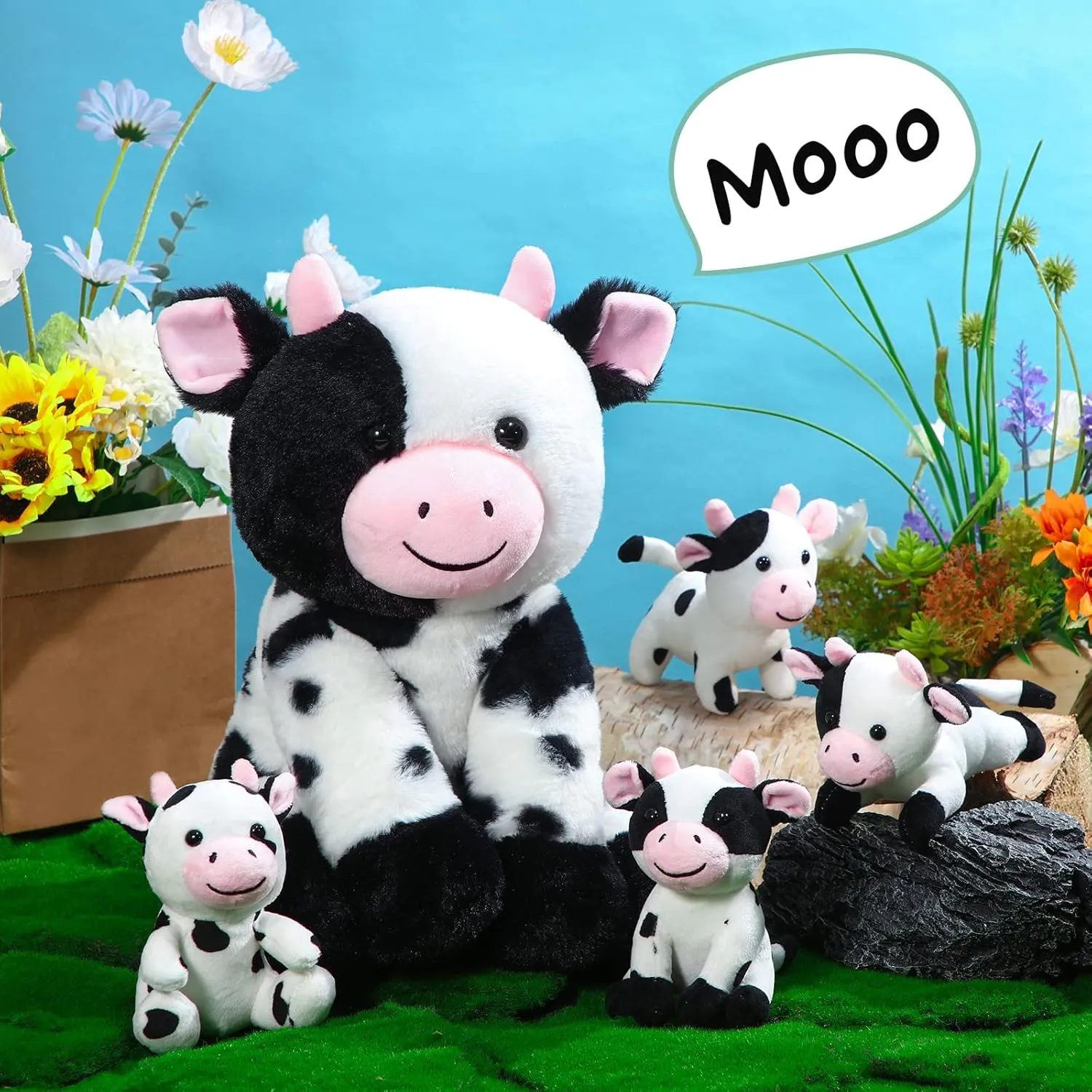 Sumind 5 Pcs Cow Plush Animals Set Mommy Cow Stuffed Animal with 4 Baby Cute Calf in Her Tummy Mommy and Baby Small Plush for Boys Girls(Cute)