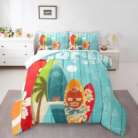 Summer Surfing Comforter for Boys Kids Girls Colorful Surfboard Comforter Set Full Size Home Decor Soft Palm Leaves Bedding Set Ocean Waves Teens Bedroom Down Duvet,1 Comforter with 2 Pillowcase