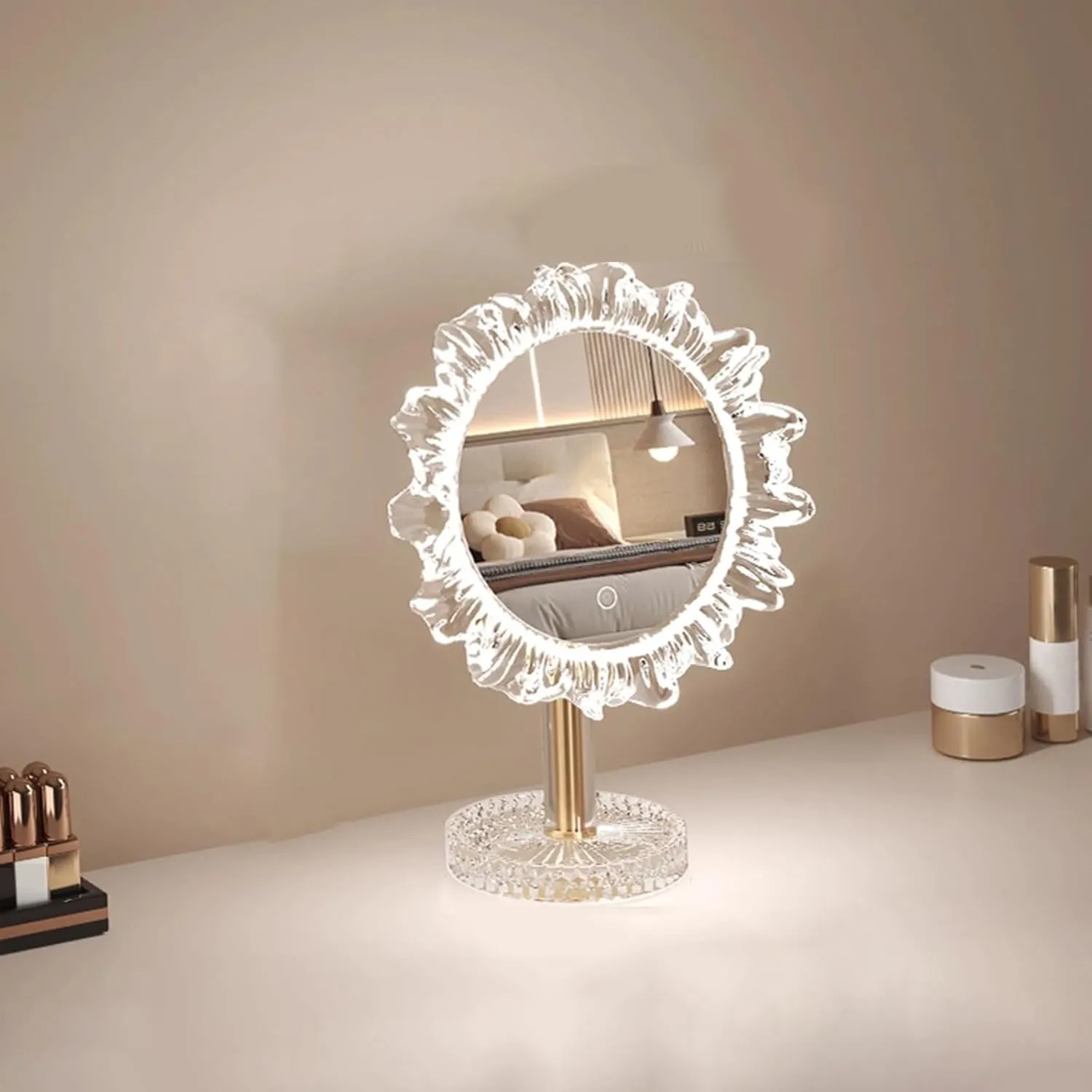 Sunflower Make Up Mirror with Light, 360° Rotating Led Mirror, Desktop Desktop HD Mirror,3 Speed Colour Adjustable Aurora Borealis(24cm)
