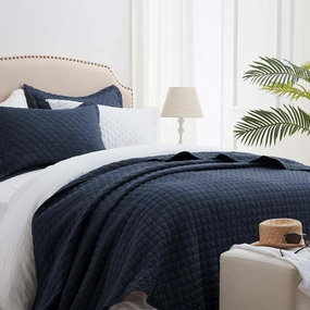 SunStyle Home King Quilt Bedding Set Navy, Lightweight Summer Bedspread Blanket, King Size Quilt, Luxury Durable Quilted Stitching Coverlet with 2 Pillow Shams Diamond in Pattern All Seasons 3pcs