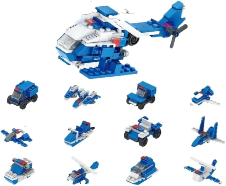 Super Police 12-in-1 STEM Building Blocks Set - Creative Construction Toy for Kids, 12 Small Aircraft to Large Helicopter, Educational Police & Aviation-Themed Building Kit