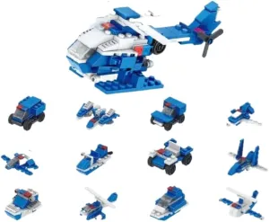 Super Police 12-in-1 STEM Building Blocks Set - Creative Construction Toy for Kids, 12 Small Aircraft to Large Helicopter, Educational Police & Aviation-Themed Building Kit