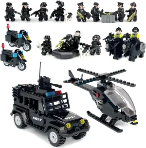 SWAT Set with 12 SWAT Officers, 2 Mounted Police with Horse – 1 Helicopter, 1 Armored SWAT SUV Vehicle,and 2 Motorcycle,Safe & Durable ABS – Great Gift for Kids, Boys, and Collectors