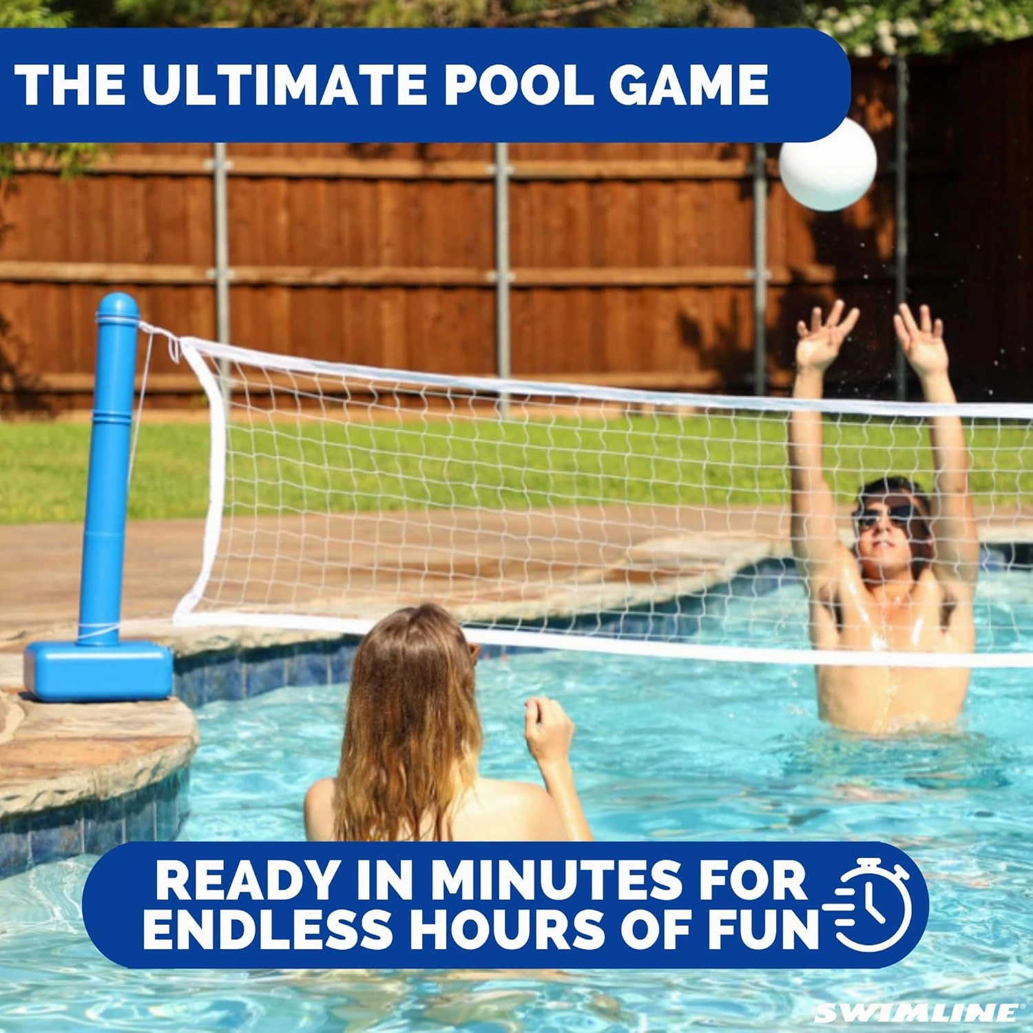 SWIMLINE ORIGINAL Pool Volleyball Net Games Set With Ball Adjustable Up To 20 Feet Wide | For Kids & Adults | 2 Blue Water-Fill Bases | Easy Assembly Compatible W/ Outdoor & Indoor Inground Pools
