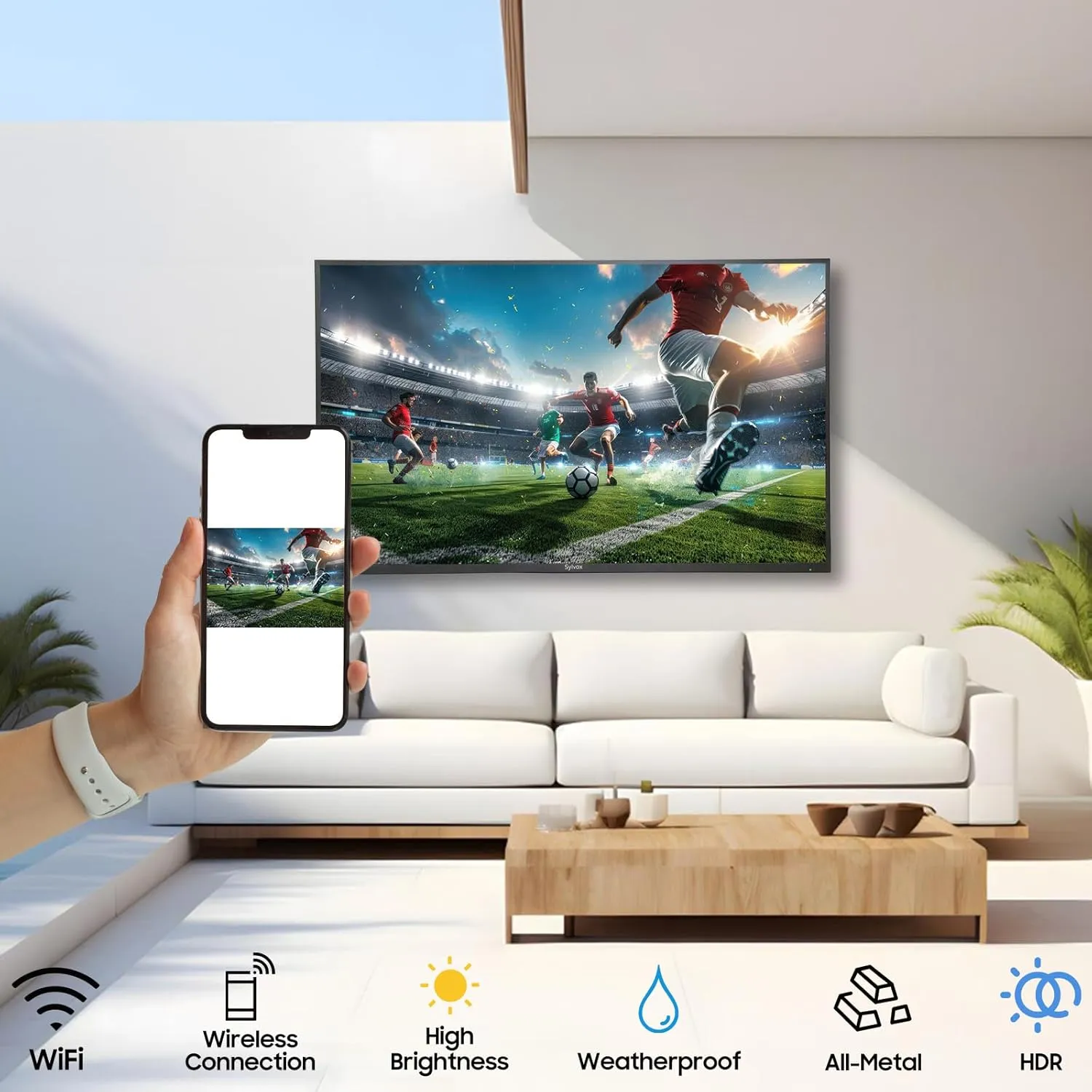 SYLVOX 65 Inch Outdoor Smart Television Weatherproof Google TV, 4K 700NIT High Brightness Temperature Resistant IP55 Waterproof TVs, Anti-Scratch Anti-Glare, Suitable for Partial Sun (Patio Series)