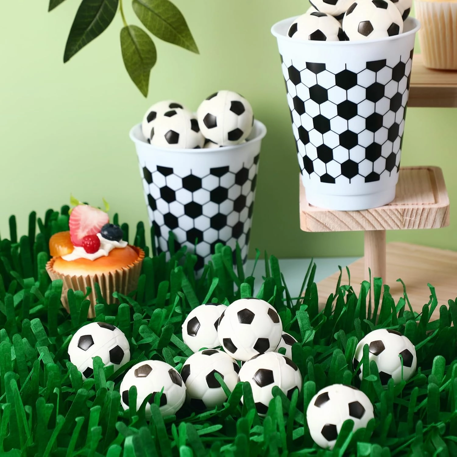 TaoBary 30 Pcs Sports Themed Party Centerpieces Decorations Kit Includes 24 Mini Ball and 6 Paper Grass Decorations for Masters Birthday Party Desk Baby Shower Supplies(Soccer Ball)