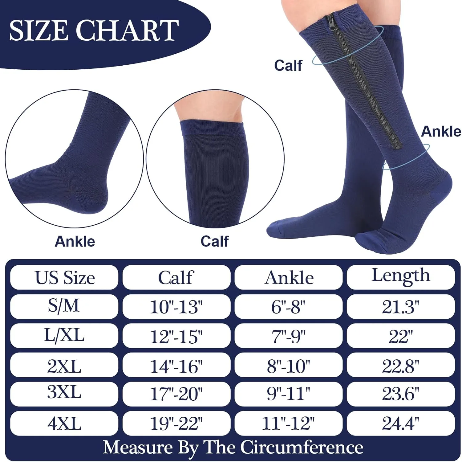 Tarpop 4 Pairs Men Zipper Compression Socks Colorful 20-30mmhg Compression Stockings with Zipper for Men Women Swelling Edema