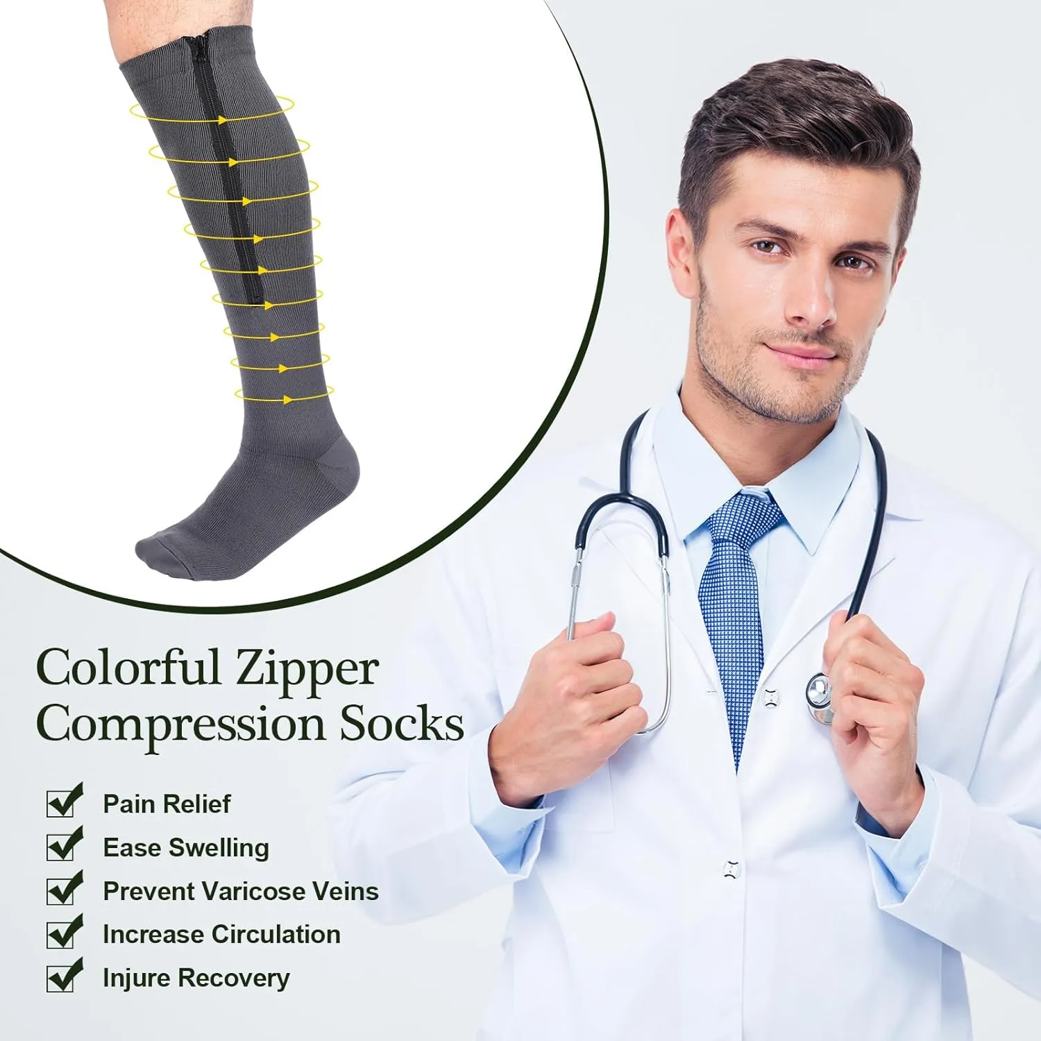 Tarpop 4 Pairs Men Zipper Compression Socks Colorful 20-30mmhg Compression Stockings with Zipper for Men Women Swelling Edema