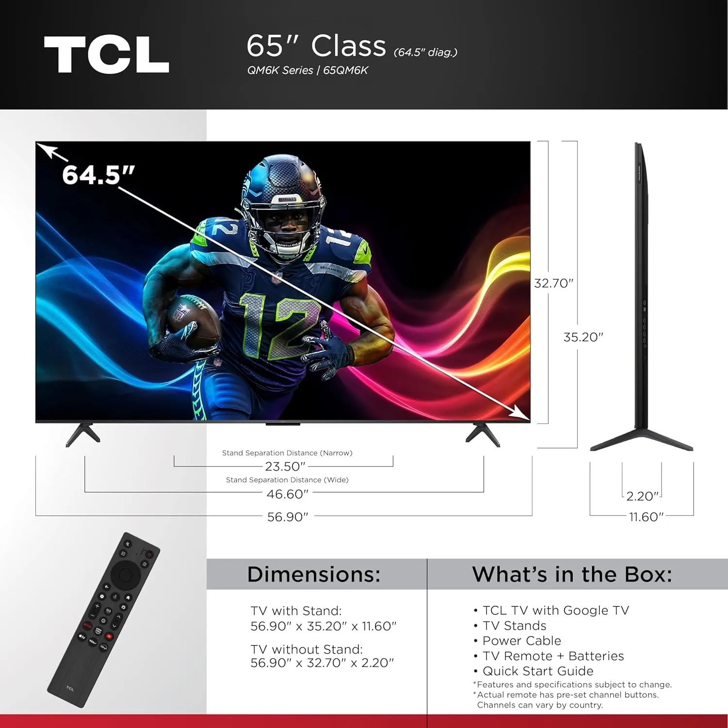 TCL 65-Inch QM6K QLED 4K Smart QD-Mini LED TV with Google TV (65QM6K, 2025 Model) Dolby Vision IQ, Dolby Atmos, HDR, Game Accelerator up to 288Hz, Voice Remote, Works with Alexa, Streaming Television