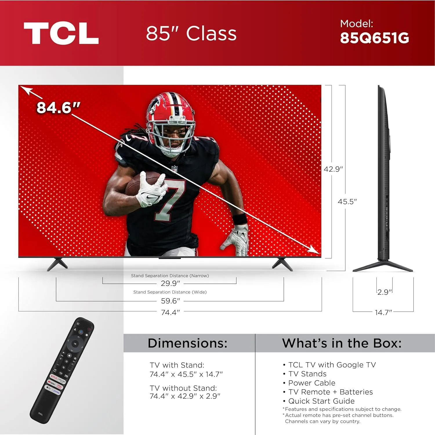 TCL 85-Inch Q65 QLED 4K UHD Smart TV with Google TV (85Q651G, 2024 Model) Dolby Vision, Dolby Atmos, HDR Pro , Game Accelerator Enhanced Gaming, Voice Remote, Works with Alexa, Streaming Television