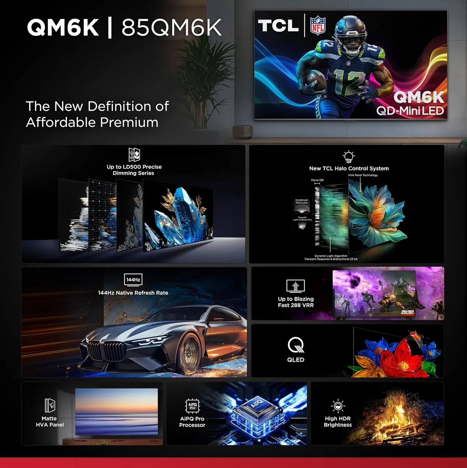 TCL 85-Inch QM6K QLED 4K Smart QD-Mini LED TV with Google TV (85QM6K, 2025 Model) Dolby Vision IQ, Dolby Atmos, HDR, Game Accelerator up to 288Hz, Voice Remote, Works with Alexa, Streaming Television