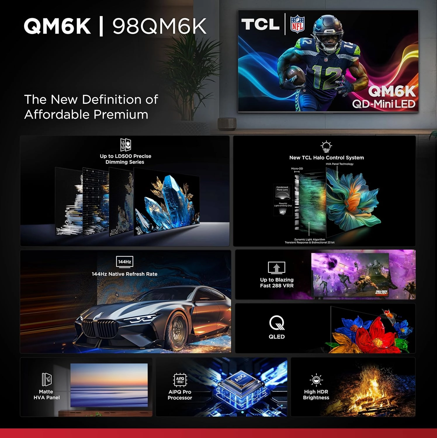TCL 98-Inch QM6K QLED 4K Smart QD-Mini LED TV with Google TV (98QM6K, 2025 Model) Dolby Vision IQ, Dolby Atmos, HDR, Game Accelerator up to 288Hz, Voice Remote, Works with Alexa, Streaming Television