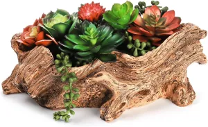 Tebery Artificial Driftwood Stump Log Planter Vintage Cactus Container with Drainage Hole, Creative Imitation Sculpture Resin Succulent Flower Pot for Herb, Strawberry, Small Plants