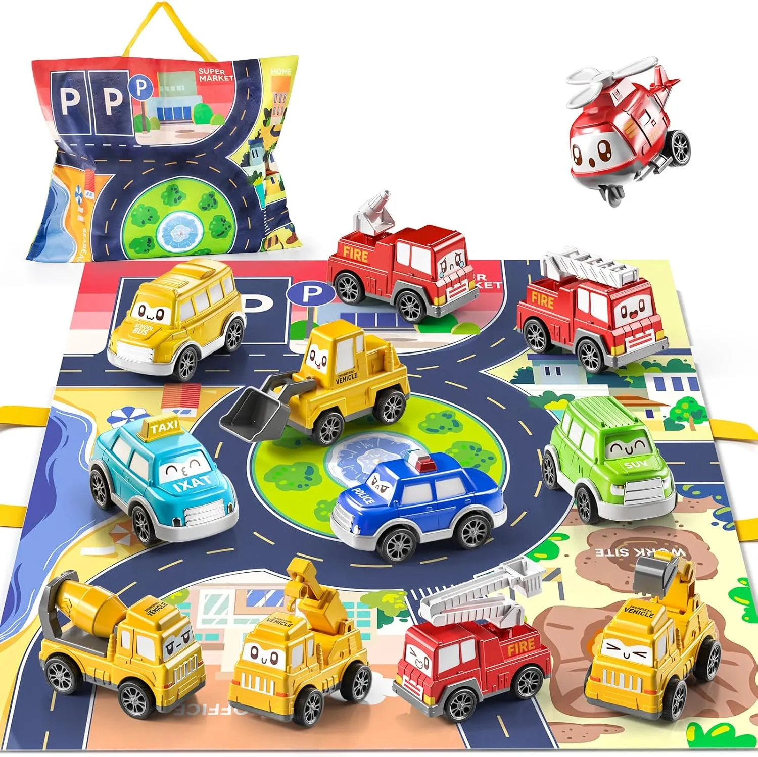 TEMI Baby Toddler Toys, 15 Pieces Baby Truck Car Toy with Play Mat/Storage Bag, Baby Toys for 1 2 3 Year Old Boy, 1 2 Year Old Boy Birthday Gift for Infant Toddlers