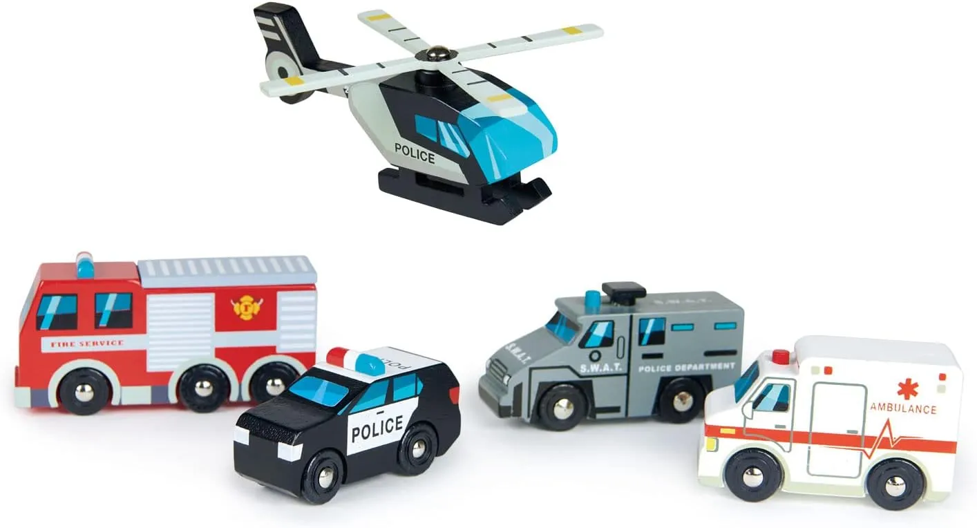 Tender Leaf Toys - Emergency Vehicles - 5 Wooden Rescue Vehicles with Moving Parts for Toddler Boys and Girls - Great Gift for Car Lovers - Educational Pretend Play Vehicles - Age 3 