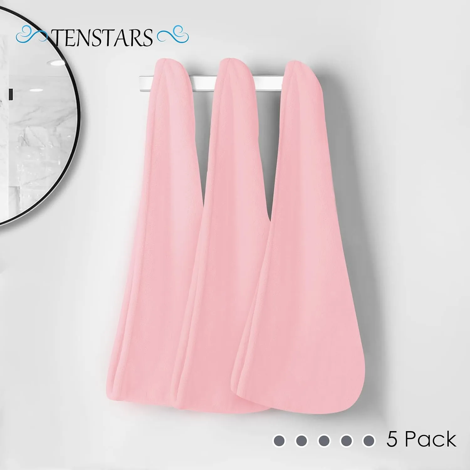 TENSTARS 5 Pack Thicken Microfiber Hair Towel Wrap for Women - Elastic Loop Design - 320GSM Coral Velvet - Quick Dry Hair Turban - 11x28 Inch (Pink)
