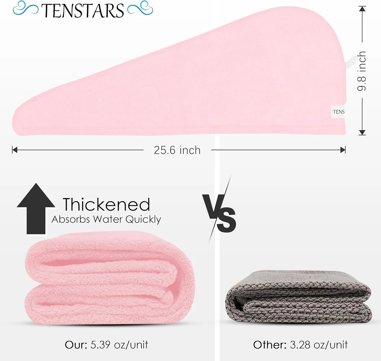 TENSTARS 5 Pack Thicken Microfiber Hair Towel Wrap for Women - Elastic Loop Design - 320GSM Coral Velvet - Quick Dry Hair Turban - 11x28 Inch (Pink)