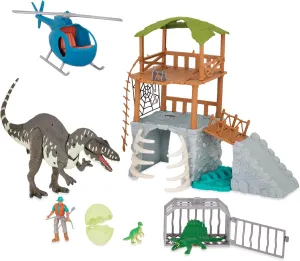 Terra by Battat - 13 Pcs Jungle Expedition Big Playset – Electronic Dinosaur with Light-Up Eyes - Movable Roaring Acrocanthosaurus & Helicopter with 2 Surprise Dinosaur Toys for Kids Age 3 