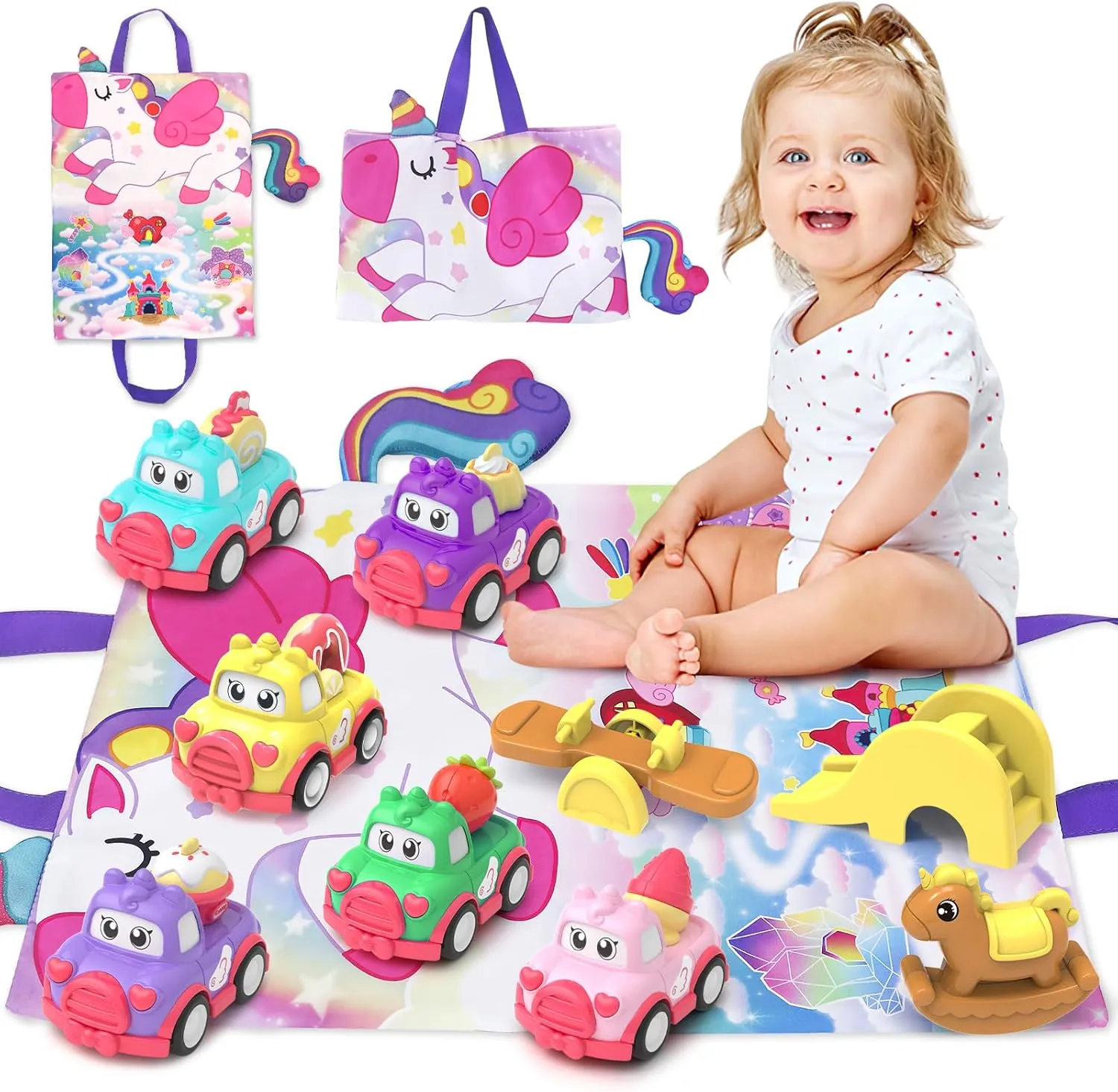 Toddler Girl Toys,10 PCS Car Toys with Playmat/Storage Bag,Toys for 2 3 4 Year Old Girl,Toy Cars for Toddlers 1-3 2-4,2 3 4 Year Old Girl Birthday Gift Christmas