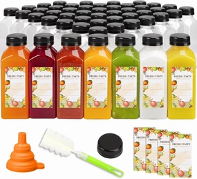 TOMNK 100pcs Juice Bottles, 12oz Plastic Bottles with Caps, Reusable Juice Bottle with Caps Clear Bulk Beverage Containers with Lids, Label, Funnel and Brush for Juicing, Milk, Smoothie and Beverages