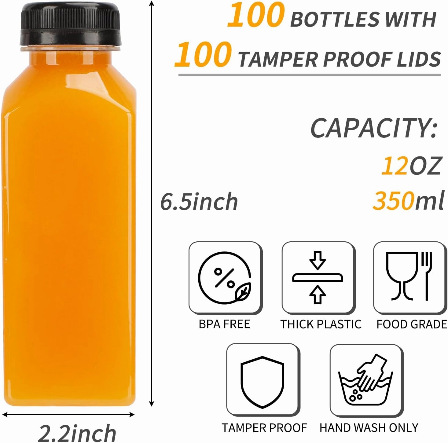 TOMNK 100pcs Juice Bottles, 12oz Plastic Bottles with Caps, Reusable Juice Bottle with Caps Clear Bulk Beverage Containers with Lids, Label, Funnel and Brush for Juicing, Milk, Smoothie and Beverages