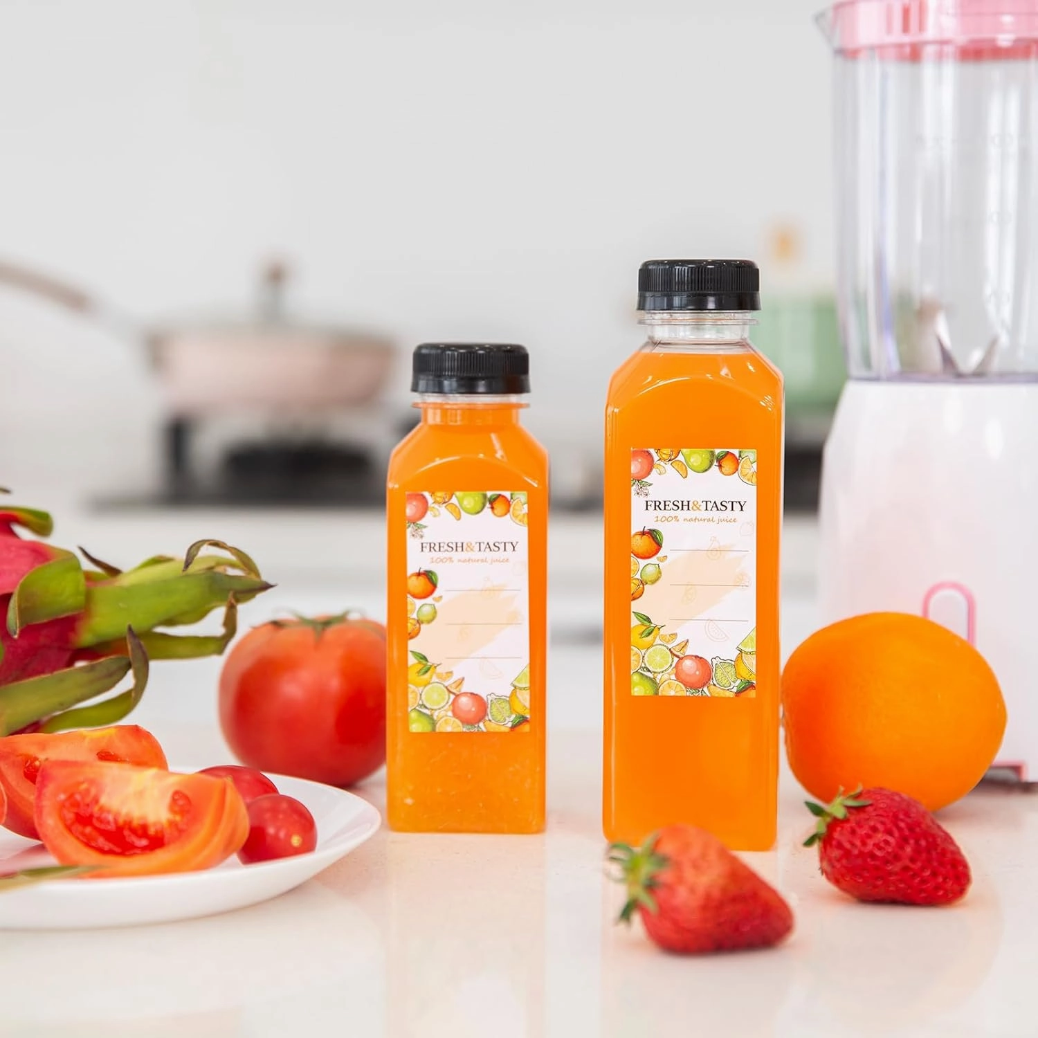 TOMNK 100pcs Juice Bottles, 12oz Plastic Bottles with Caps, Reusable Juice Bottle with Caps Clear Bulk Beverage Containers with Lids, Label, Funnel and Brush for Juicing, Milk, Smoothie and Beverages