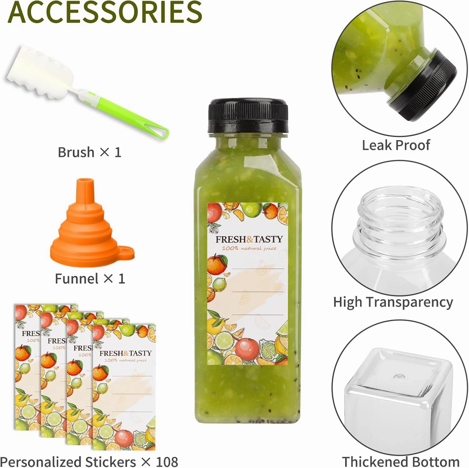 TOMNK 100pcs Juice Bottles, 12oz Plastic Bottles with Caps, Reusable Juice Bottle with Caps Clear Bulk Beverage Containers with Lids, Label, Funnel and Brush for Juicing, Milk, Smoothie and Beverages