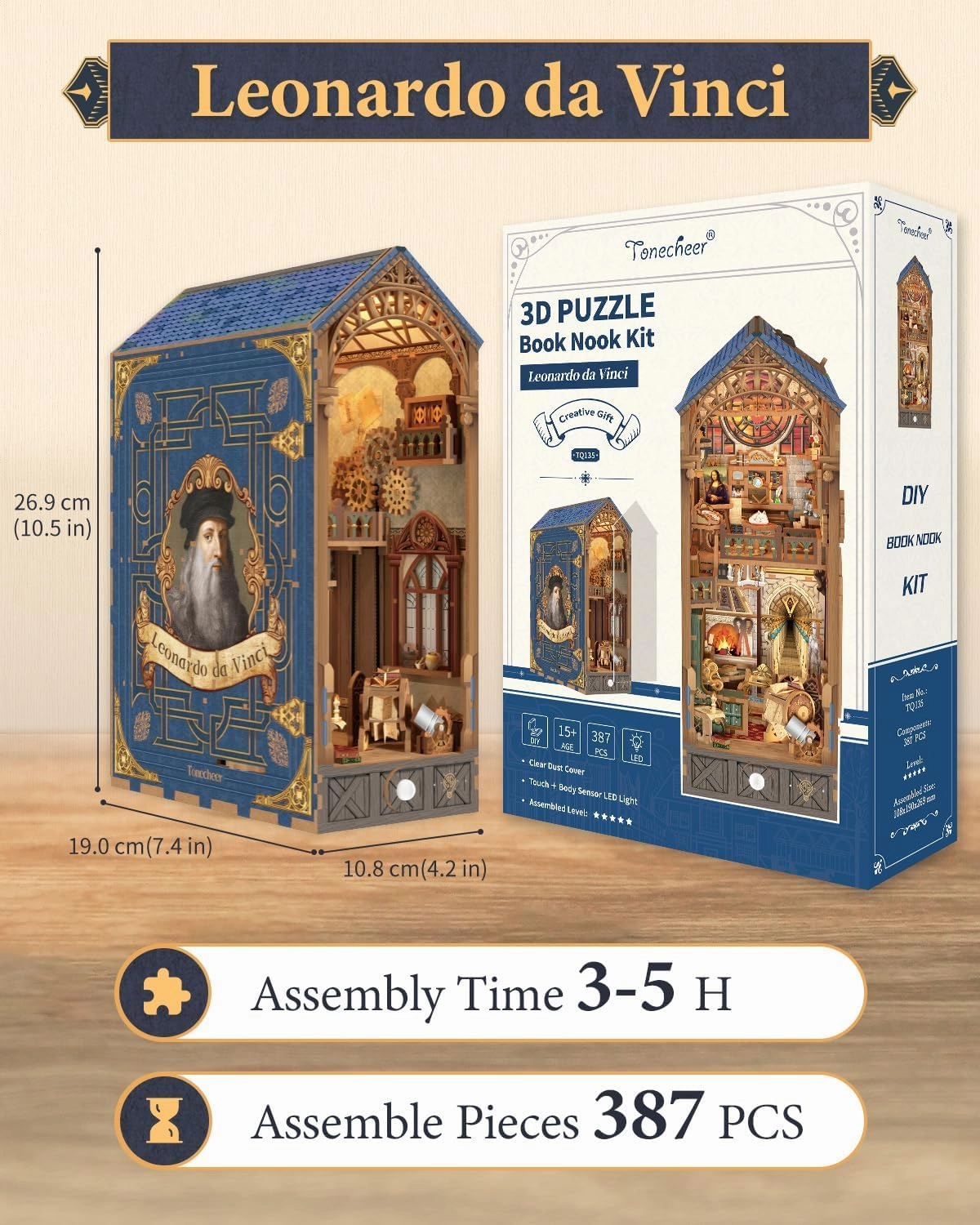 Tonecheer DIY Book Nook Kit for Adults, 3D Puzzle Wooden Miniature House Kit, Booknook Dollhouse Bookshelf Insert Decor Bookend with Dust Cover and LED Lights Gifts (Leonardo da Vinci)