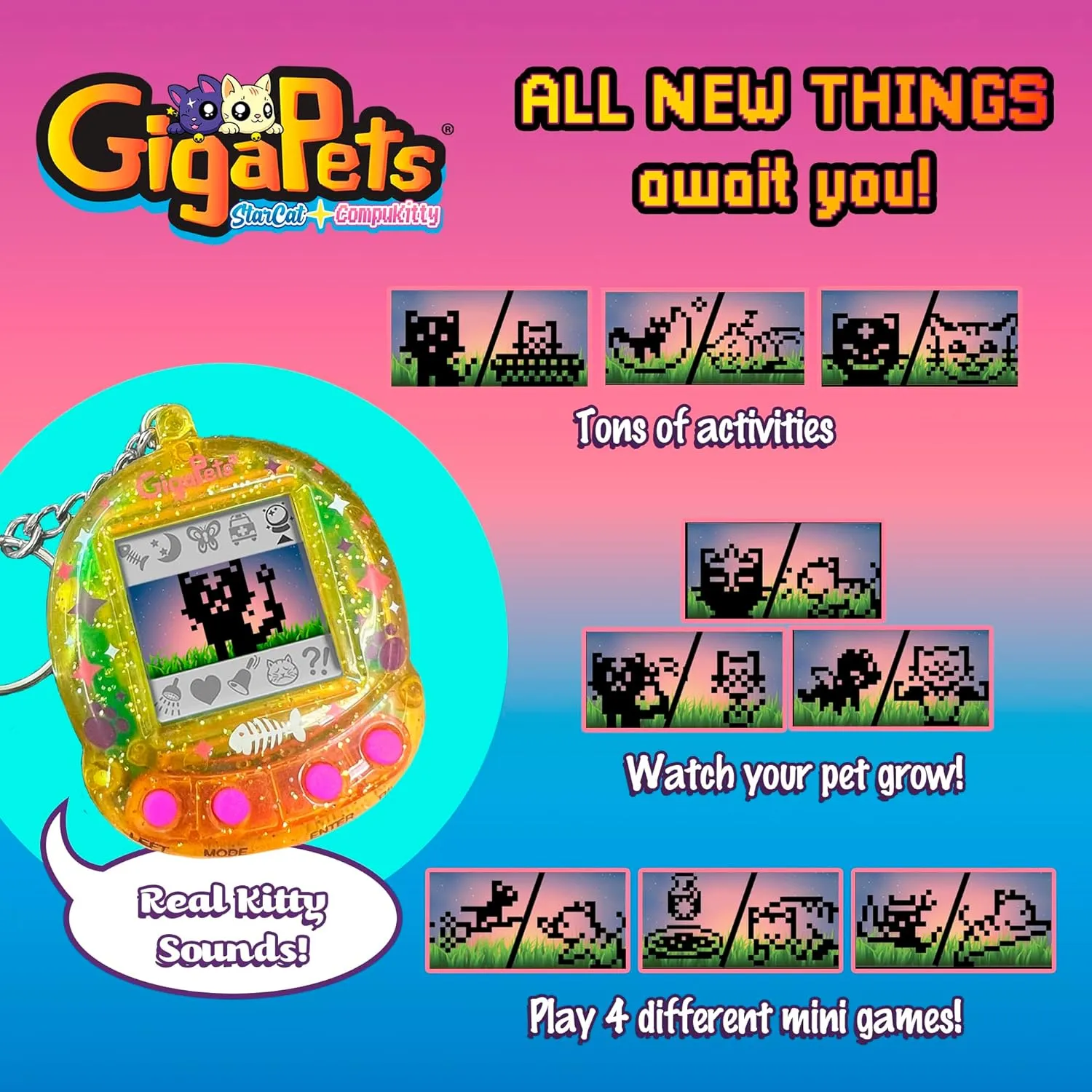 Top Secret Toys Giga Pet Virtual Pet for Kids Ages 5 and Up, 90s Throwback, 2-in-1 StarCat & CompuKitty, 25th Anniversary Edition Upgraded Collector’s Edition, Kids Learn to Take Care of a Pet