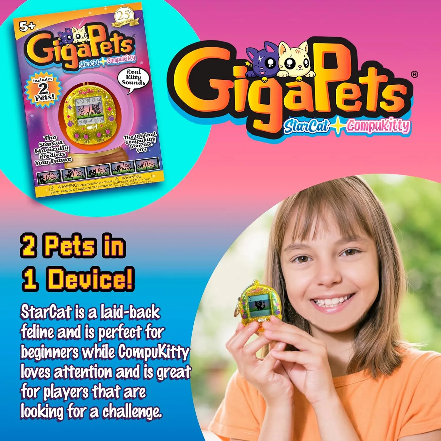 Top Secret Toys Giga Pet Virtual Pet for Kids Ages 5 and Up, 90s Throwback, 2-in-1 StarCat & CompuKitty, 25th Anniversary Edition Upgraded Collector’s Edition, Kids Learn to Take Care of a Pet