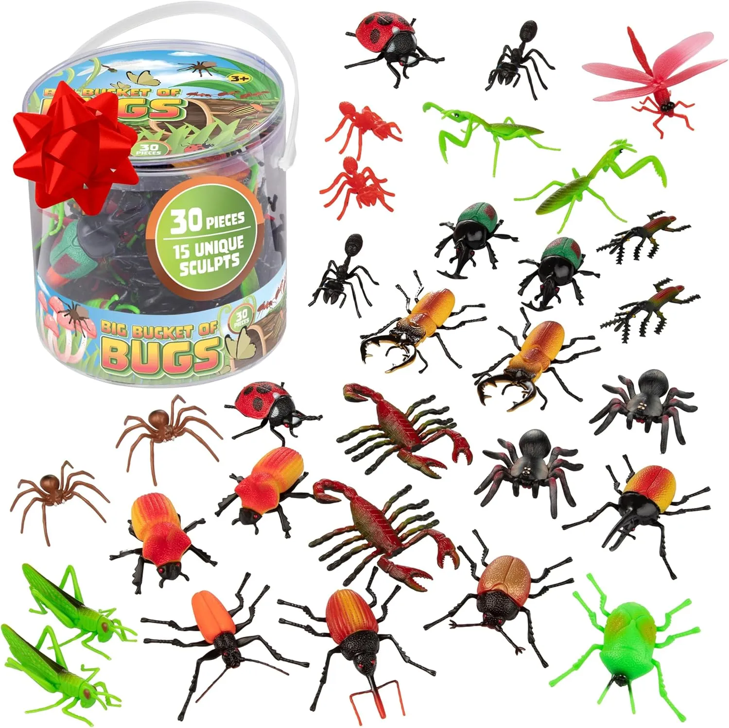 Toy Bug Action Figure 30pc Playset-15 Unique Giant Insects-Grasshoppers, Beetles, Spiders & More- 2-4" Realistic Fake Bugs, Great for Pranks, Pretend Play, Kids Gifts, Summer Camp, Beach & Sandbox Toy