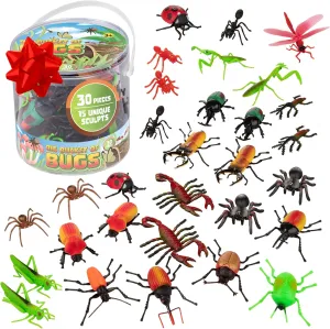 Toy Bug Action Figure 30pc Playset-15 Unique Giant Insects-Grasshoppers, Beetles, Spiders & More- 2-4" Realistic Fake Bugs, Great for Pranks, Pretend Play, Kids Gifts, Summer Camp, Beach & Sandbox Toy
