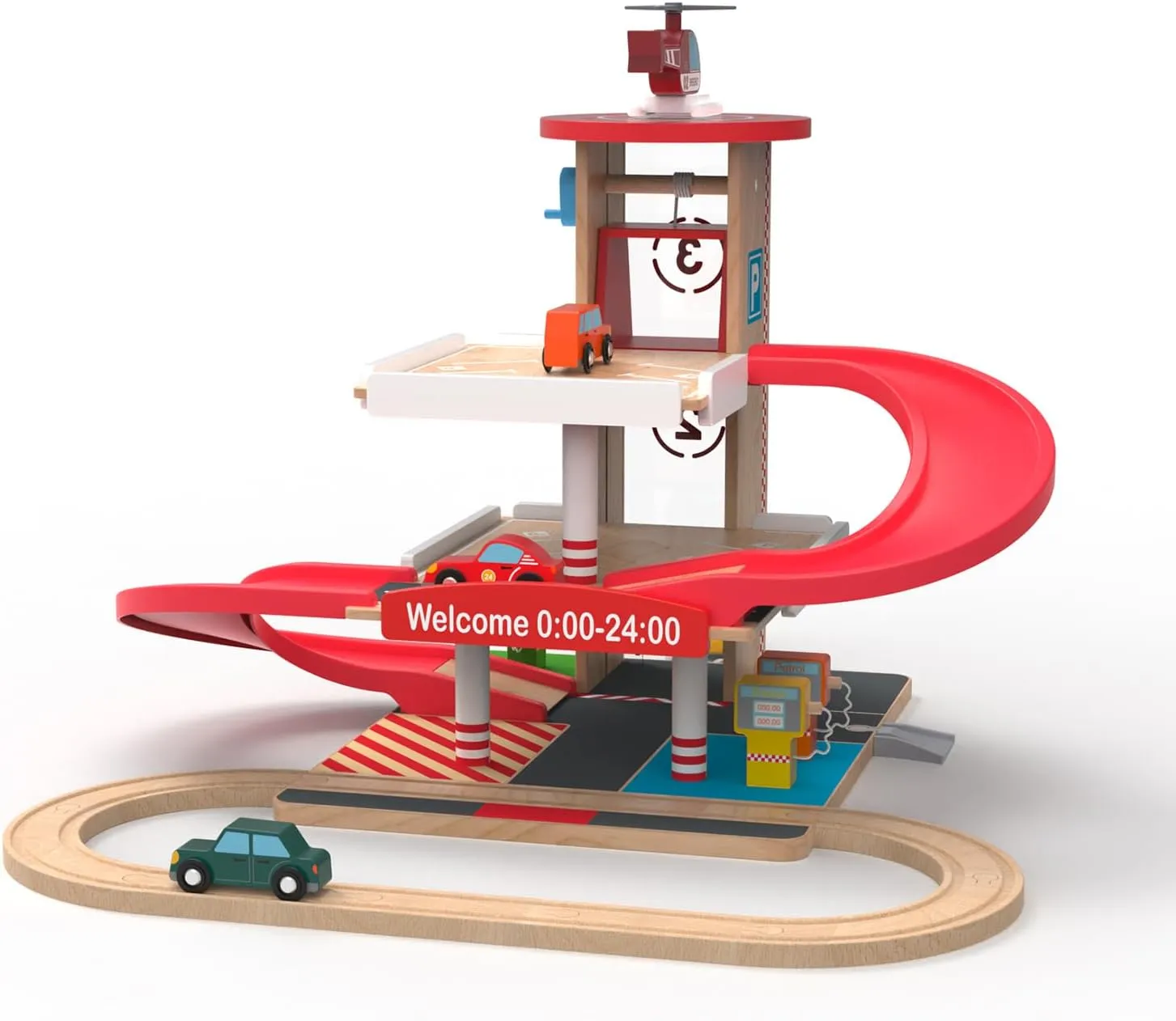 Toy Car Garage with Rails, Wooden Parking Garage Toy Playset w/Elevator, Toddler Race Car Ramp Track Toy Set with 4 Mini Cars for Old Boys and Girls Kids Ages 3  Birthday Gift Christmas