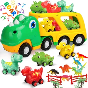TOY Life Toddler Car Toy for 1  Year Old, Dinosaur Transport Carrier Truck with 4 Pull Back Dinosaur Cars Dino Figures, Dinosaur Toys for Kids 1 2 3 4 5 , Christmas Birthday Gift for 18M  Boys Girls